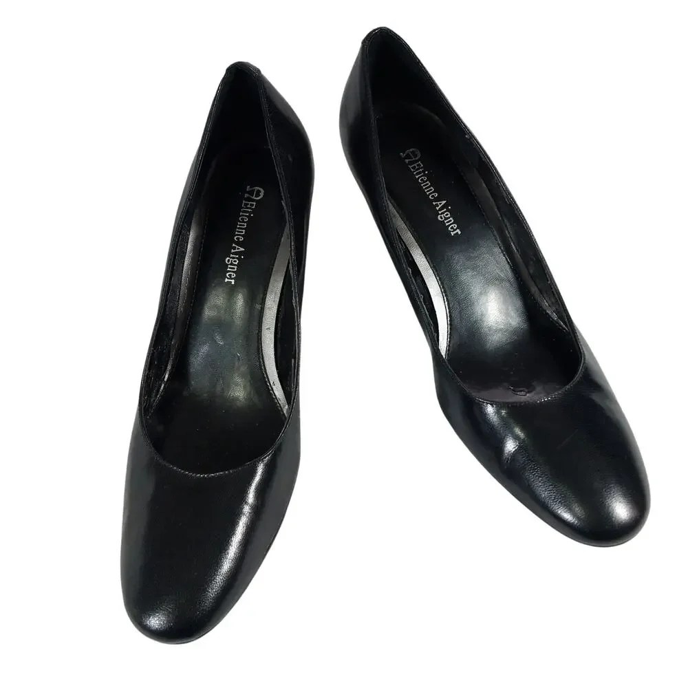 ETIENNE AIGNER! BLACK GENUINE LEATHER MODERATE HEELED CLASSIC PUMPS, HEELS! 7.5M